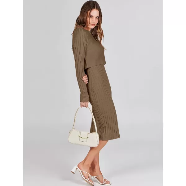 imageANRABESS Women Casual Two Piece Outfits Long Sleeve Ribbed Knit Crop Top and Bodycon Midi Dresses Pullover Sweater SetsCoffee