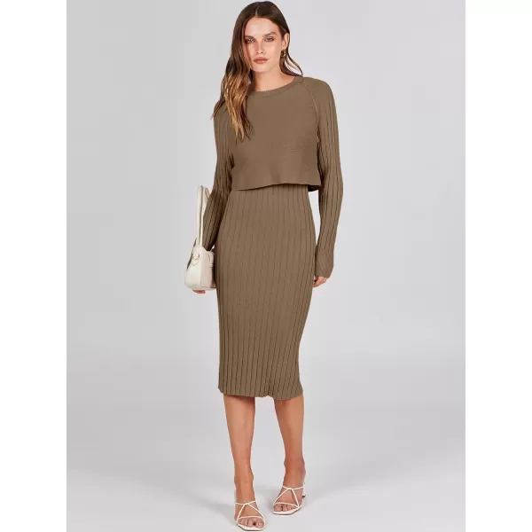 imageANRABESS Women Casual Two Piece Outfits Long Sleeve Ribbed Knit Crop Top and Bodycon Midi Dresses Pullover Sweater SetsCoffee