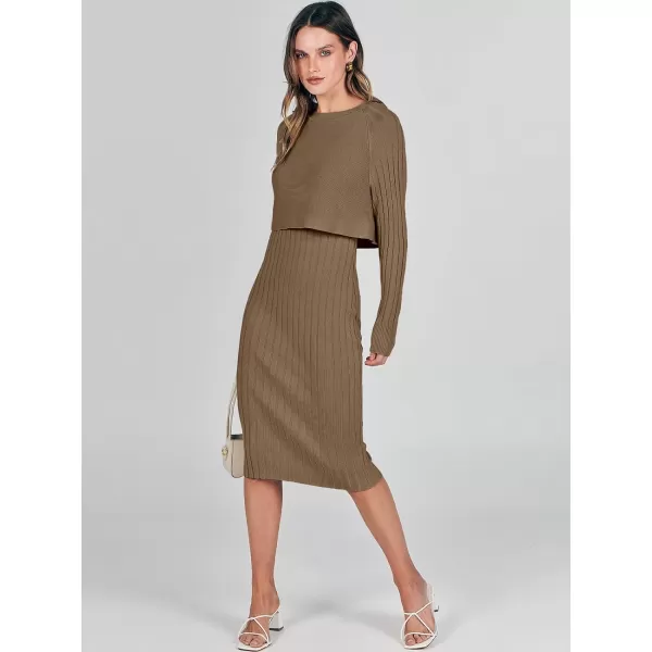 imageANRABESS Women Casual Two Piece Outfits Long Sleeve Ribbed Knit Crop Top and Bodycon Midi Dresses Pullover Sweater SetsCoffee