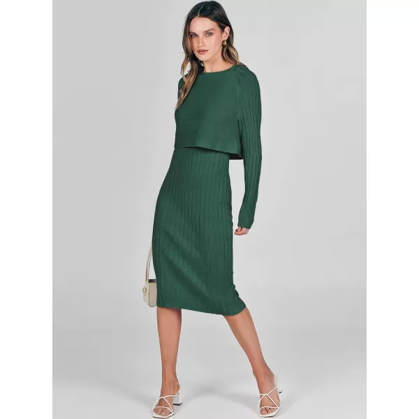 imageANRABESS Women Casual Two Piece Outfits Long Sleeve Ribbed Knit Crop Top and Bodycon Midi Dresses Pullover Sweater SetsGreen