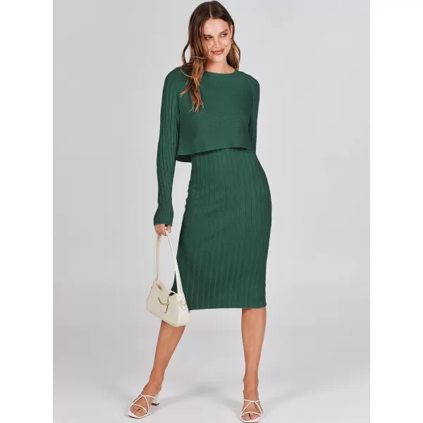 imageANRABESS Women Casual Two Piece Outfits Long Sleeve Ribbed Knit Crop Top and Bodycon Midi Dresses Pullover Sweater SetsGreen