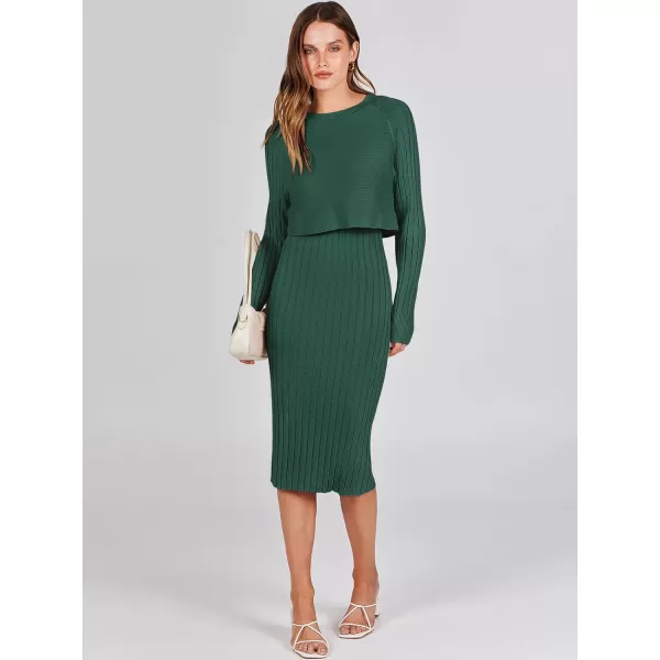 imageANRABESS Women Casual Two Piece Outfits Long Sleeve Ribbed Knit Crop Top and Bodycon Midi Dresses Pullover Sweater SetsGreen