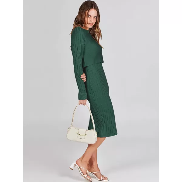 imageANRABESS Women Casual Two Piece Outfits Long Sleeve Ribbed Knit Crop Top and Bodycon Midi Dresses Pullover Sweater SetsGreen