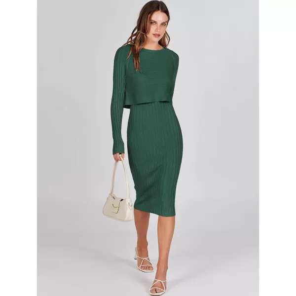 imageANRABESS Women Casual Two Piece Outfits Long Sleeve Ribbed Knit Crop Top and Bodycon Midi Dresses Pullover Sweater SetsGreen