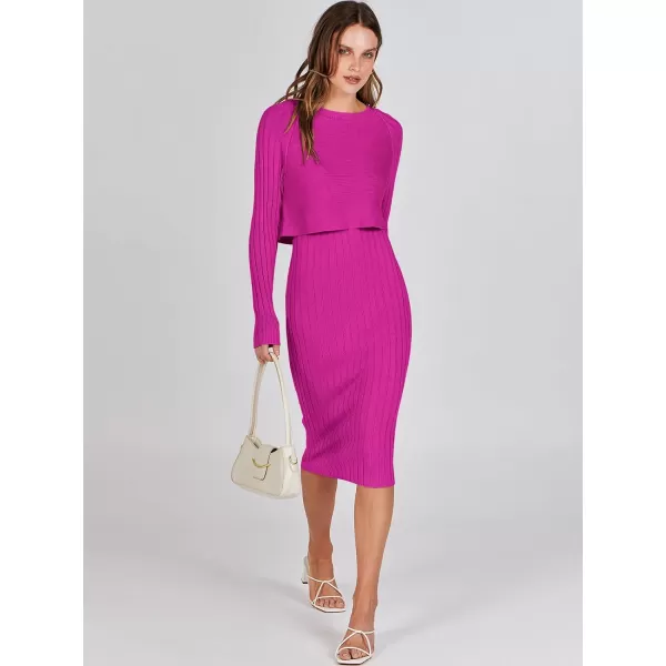 imageANRABESS Women Casual Two Piece Outfits Long Sleeve Ribbed Knit Crop Top and Bodycon Midi Dresses Pullover Sweater SetsHot Pink