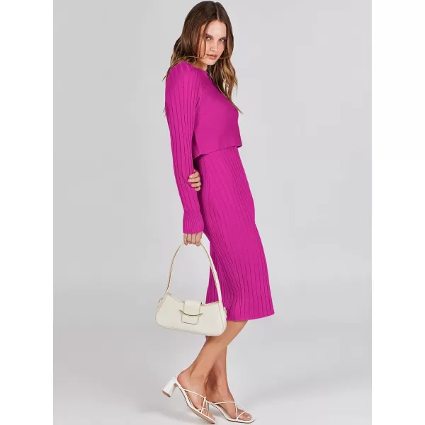 imageANRABESS Women Casual Two Piece Outfits Long Sleeve Ribbed Knit Crop Top and Bodycon Midi Dresses Pullover Sweater SetsHot Pink