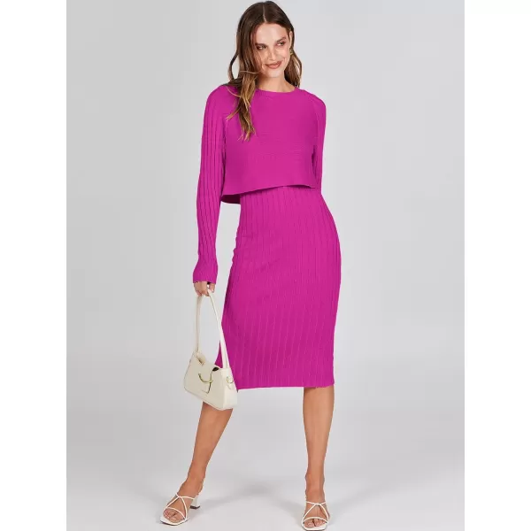 imageANRABESS Women Casual Two Piece Outfits Long Sleeve Ribbed Knit Crop Top and Bodycon Midi Dresses Pullover Sweater SetsHot Pink