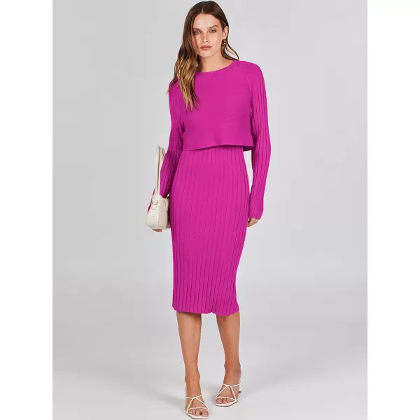 imageANRABESS Women Casual Two Piece Outfits Long Sleeve Ribbed Knit Crop Top and Bodycon Midi Dresses Pullover Sweater SetsHot Pink