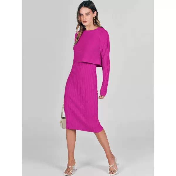 imageANRABESS Women Casual Two Piece Outfits Long Sleeve Ribbed Knit Crop Top and Bodycon Midi Dresses Pullover Sweater SetsHot Pink