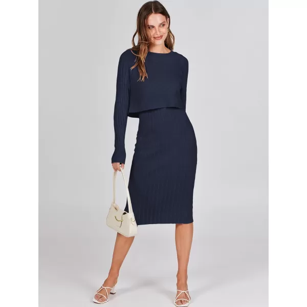 imageANRABESS Women Casual Two Piece Outfits Long Sleeve Ribbed Knit Crop Top and Bodycon Midi Dresses Pullover Sweater SetsNavy Blue