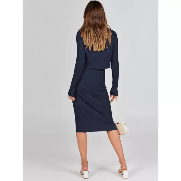 imageANRABESS Women Casual Two Piece Outfits Long Sleeve Ribbed Knit Crop Top and Bodycon Midi Dresses Pullover Sweater SetsNavy Blue