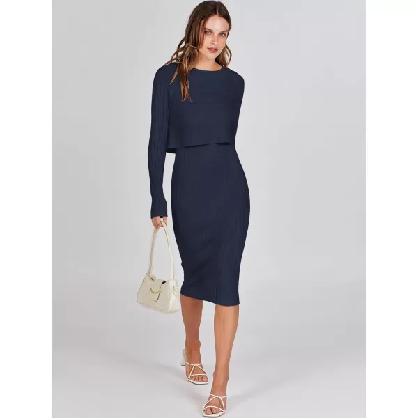 imageANRABESS Women Casual Two Piece Outfits Long Sleeve Ribbed Knit Crop Top and Bodycon Midi Dresses Pullover Sweater SetsNavy Blue