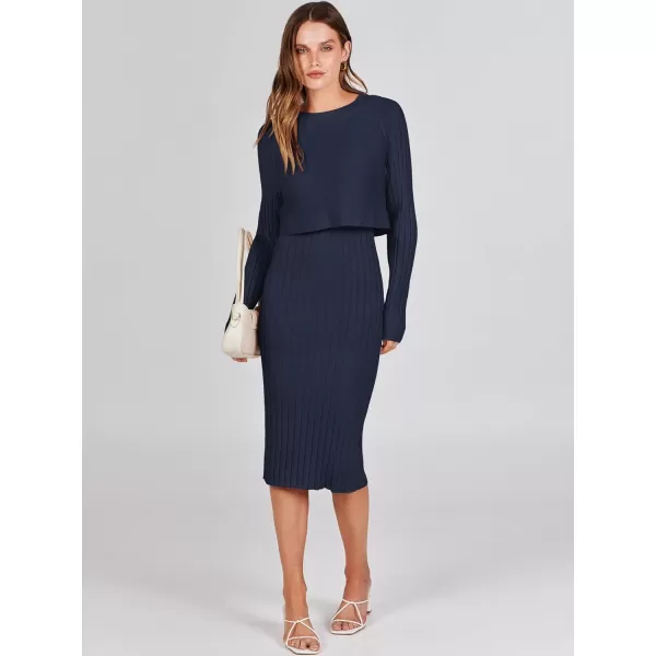 imageANRABESS Women Casual Two Piece Outfits Long Sleeve Ribbed Knit Crop Top and Bodycon Midi Dresses Pullover Sweater SetsNavy Blue