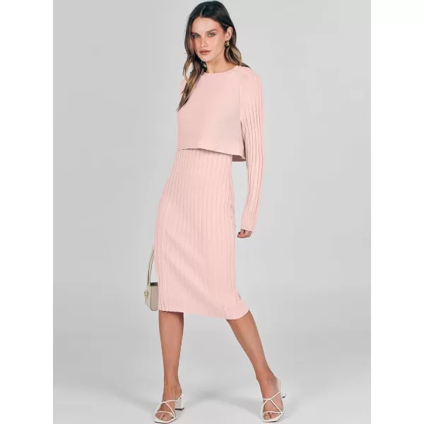 imageANRABESS Women Casual Two Piece Outfits Long Sleeve Ribbed Knit Crop Top and Bodycon Midi Dresses Pullover Sweater SetsPink