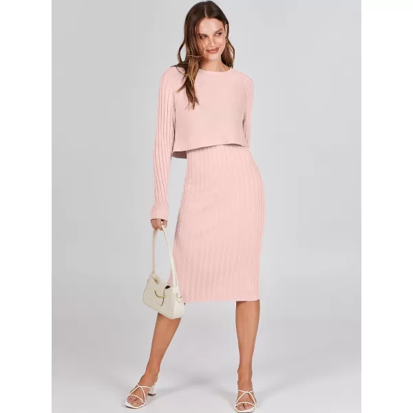 imageANRABESS Women Casual Two Piece Outfits Long Sleeve Ribbed Knit Crop Top and Bodycon Midi Dresses Pullover Sweater SetsPink