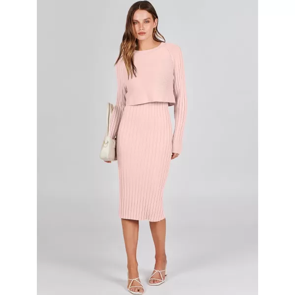 imageANRABESS Women Casual Two Piece Outfits Long Sleeve Ribbed Knit Crop Top and Bodycon Midi Dresses Pullover Sweater SetsPink