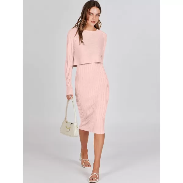 imageANRABESS Women Casual Two Piece Outfits Long Sleeve Ribbed Knit Crop Top and Bodycon Midi Dresses Pullover Sweater SetsPink
