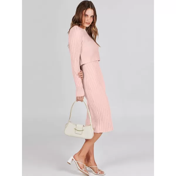 imageANRABESS Women Casual Two Piece Outfits Long Sleeve Ribbed Knit Crop Top and Bodycon Midi Dresses Pullover Sweater SetsPink