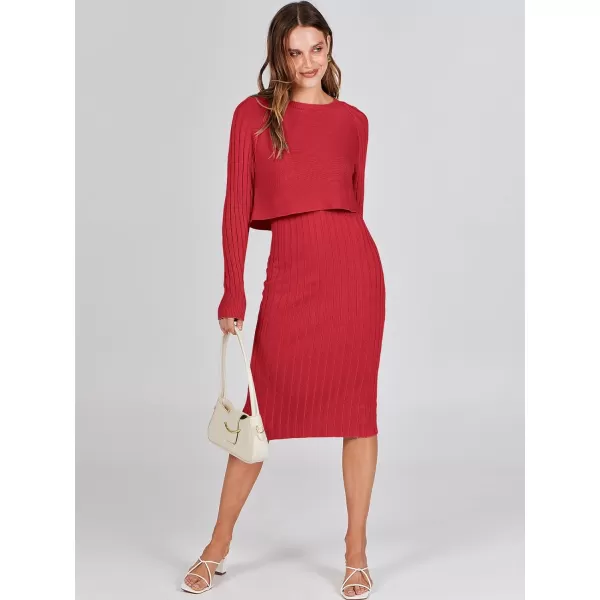 imageANRABESS Women Casual Two Piece Outfits Long Sleeve Ribbed Knit Crop Top and Bodycon Midi Dresses Pullover Sweater SetsRed