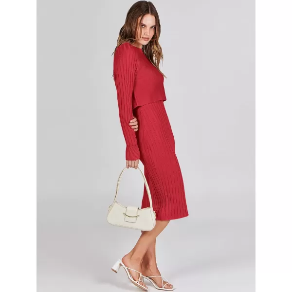imageANRABESS Women Casual Two Piece Outfits Long Sleeve Ribbed Knit Crop Top and Bodycon Midi Dresses Pullover Sweater SetsRed
