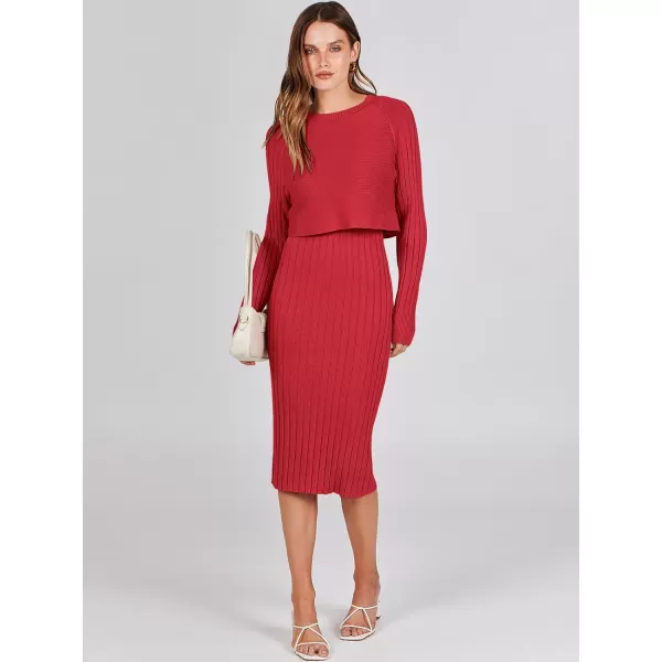 imageANRABESS Women Casual Two Piece Outfits Long Sleeve Ribbed Knit Crop Top and Bodycon Midi Dresses Pullover Sweater SetsRed