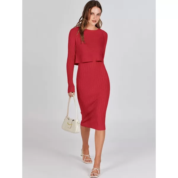 imageANRABESS Women Casual Two Piece Outfits Long Sleeve Ribbed Knit Crop Top and Bodycon Midi Dresses Pullover Sweater SetsRed