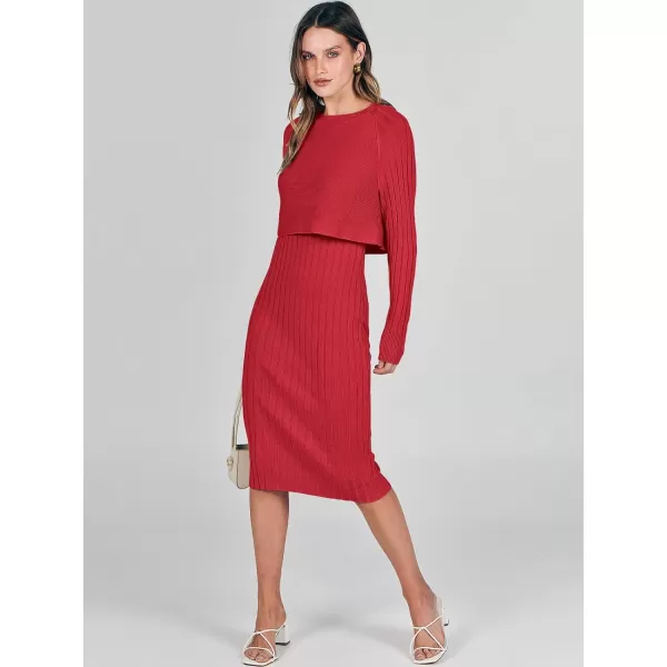 imageANRABESS Women Casual Two Piece Outfits Long Sleeve Ribbed Knit Crop Top and Bodycon Midi Dresses Pullover Sweater SetsRed