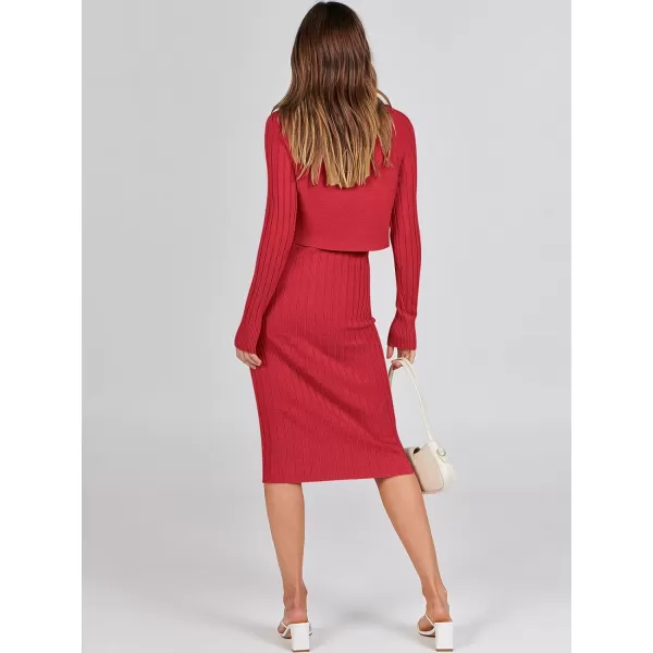 imageANRABESS Women Casual Two Piece Outfits Long Sleeve Ribbed Knit Crop Top and Bodycon Midi Dresses Pullover Sweater SetsRed