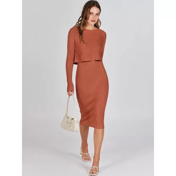 imageANRABESS Women Casual Two Piece Outfits Long Sleeve Ribbed Knit Crop Top and Bodycon Midi Dresses Pullover Sweater SetsRust