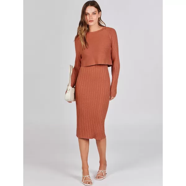 imageANRABESS Women Casual Two Piece Outfits Long Sleeve Ribbed Knit Crop Top and Bodycon Midi Dresses Pullover Sweater SetsRust