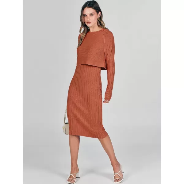 imageANRABESS Women Casual Two Piece Outfits Long Sleeve Ribbed Knit Crop Top and Bodycon Midi Dresses Pullover Sweater SetsRust