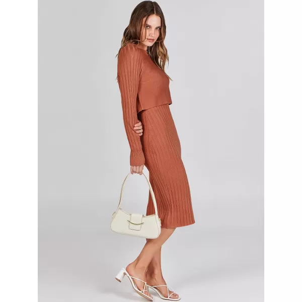 imageANRABESS Women Casual Two Piece Outfits Long Sleeve Ribbed Knit Crop Top and Bodycon Midi Dresses Pullover Sweater SetsRust