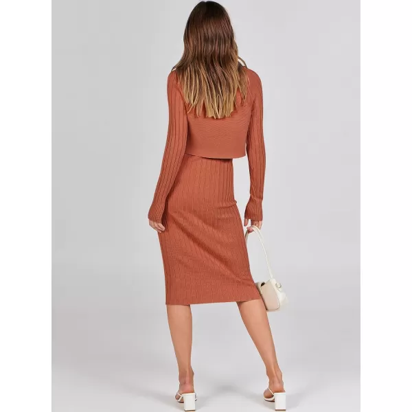 imageANRABESS Women Casual Two Piece Outfits Long Sleeve Ribbed Knit Crop Top and Bodycon Midi Dresses Pullover Sweater SetsRust