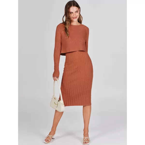 imageANRABESS Women Casual Two Piece Outfits Long Sleeve Ribbed Knit Crop Top and Bodycon Midi Dresses Pullover Sweater SetsRust
