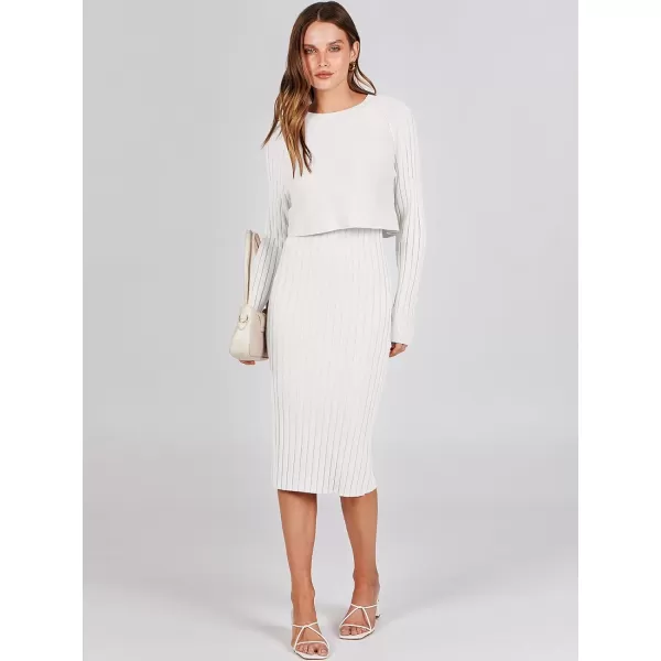 imageANRABESS Women Casual Two Piece Outfits Long Sleeve Ribbed Knit Crop Top and Bodycon Midi Dresses Pullover Sweater SetsWhite