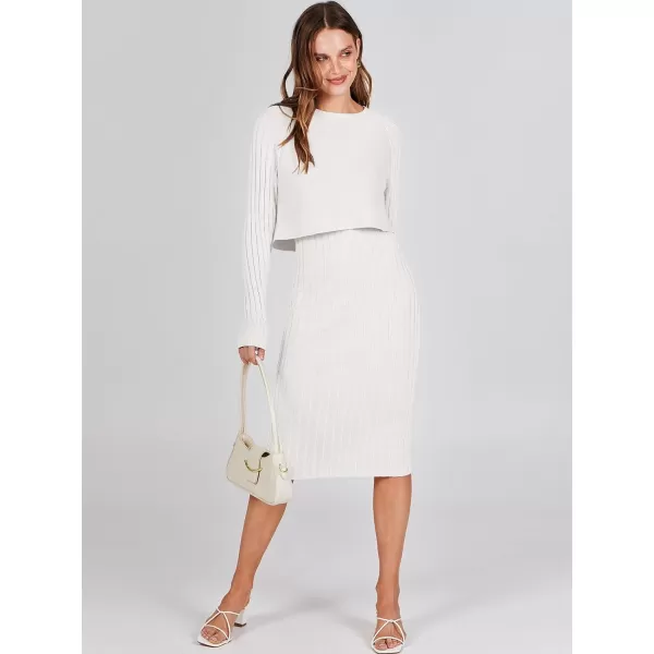 imageANRABESS Women Casual Two Piece Outfits Long Sleeve Ribbed Knit Crop Top and Bodycon Midi Dresses Pullover Sweater SetsWhite