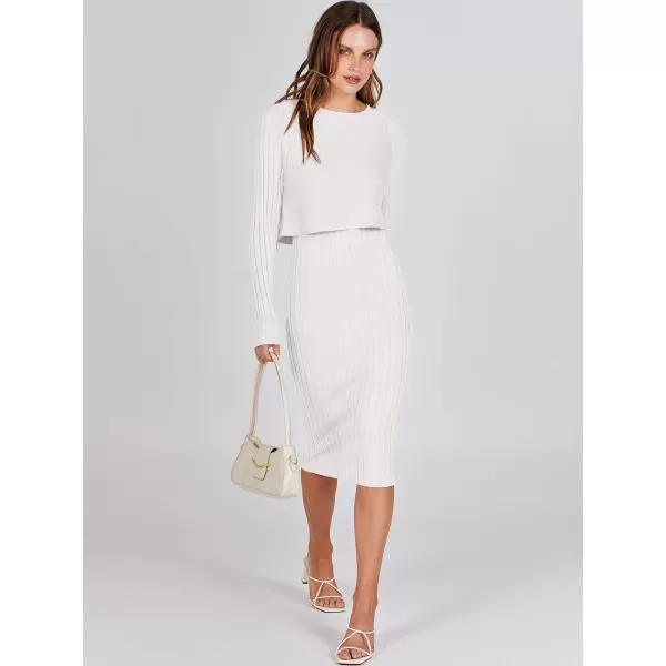 imageANRABESS Women Casual Two Piece Outfits Long Sleeve Ribbed Knit Crop Top and Bodycon Midi Dresses Pullover Sweater SetsWhite