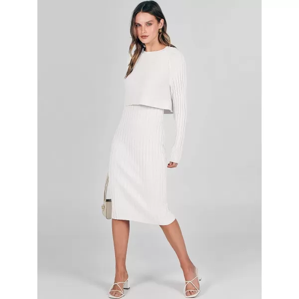 imageANRABESS Women Casual Two Piece Outfits Long Sleeve Ribbed Knit Crop Top and Bodycon Midi Dresses Pullover Sweater SetsWhite