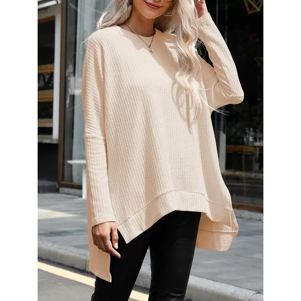 imageANRABESS Women Crew Neck Batwing Sleeve High Low Hem Side Slit Waffle Knit Casual Loose Oversized Pullover Sweater Tunic TopApricot