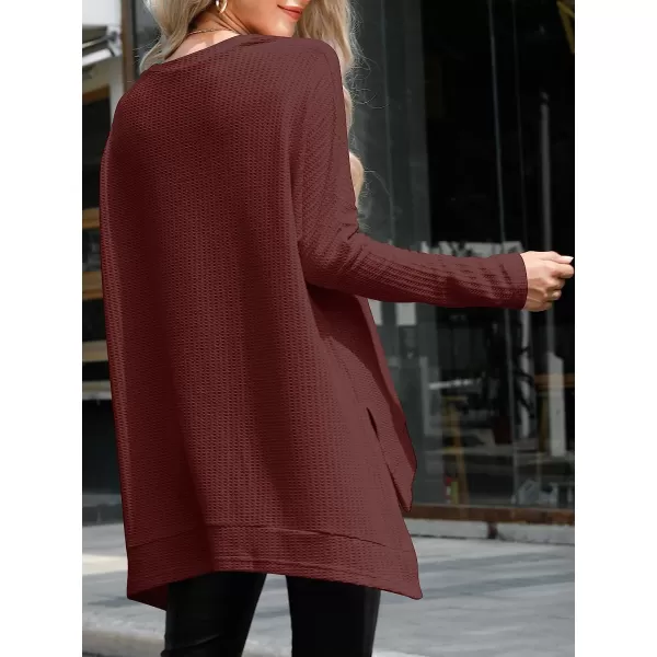 imageANRABESS Women Crew Neck Batwing Sleeve High Low Hem Side Slit Waffle Knit Casual Loose Oversized Pullover Sweater Tunic TopBirck Red