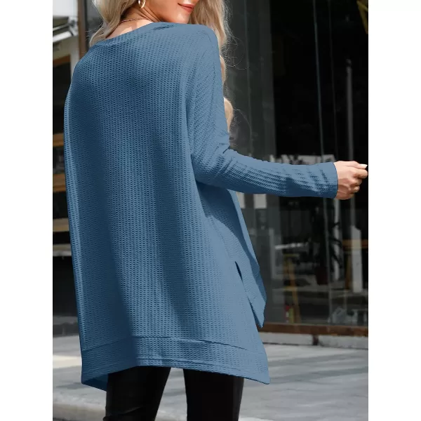 imageANRABESS Women Crew Neck Batwing Sleeve High Low Hem Side Slit Waffle Knit Casual Loose Oversized Pullover Sweater Tunic TopBlue