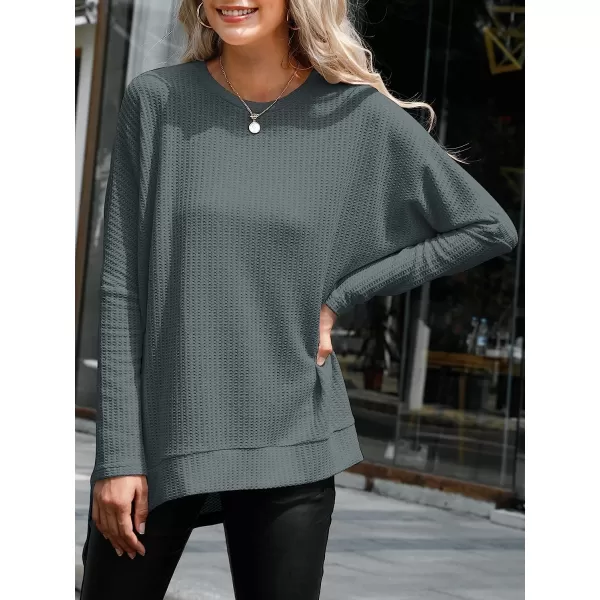 imageANRABESS Women Crew Neck Batwing Sleeve High Low Hem Side Slit Waffle Knit Casual Loose Oversized Pullover Sweater Tunic TopGrey