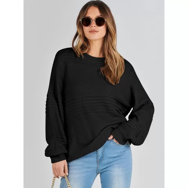 imageANRABESS Women Crew Neck Long Sleeve Sweater 2023 Fall Casual Cable Ribbed Knit Pullover Jumper TopsBlack
