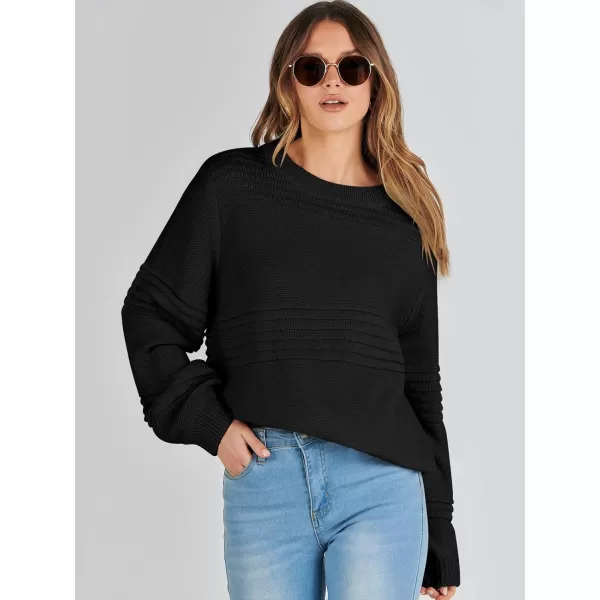 imageANRABESS Women Crew Neck Long Sleeve Sweater 2023 Fall Casual Cable Ribbed Knit Pullover Jumper TopsBlack