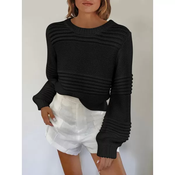 imageANRABESS Women Crew Neck Long Sleeve Sweater 2023 Fall Casual Cable Ribbed Knit Pullover Jumper TopsBlack