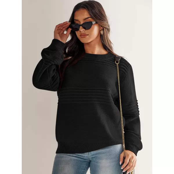 imageANRABESS Women Crew Neck Long Sleeve Sweater 2023 Fall Casual Cable Ribbed Knit Pullover Jumper TopsBlack