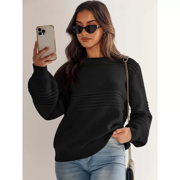 imageANRABESS Women Crew Neck Long Sleeve Sweater 2023 Fall Casual Cable Ribbed Knit Pullover Jumper TopsBlack