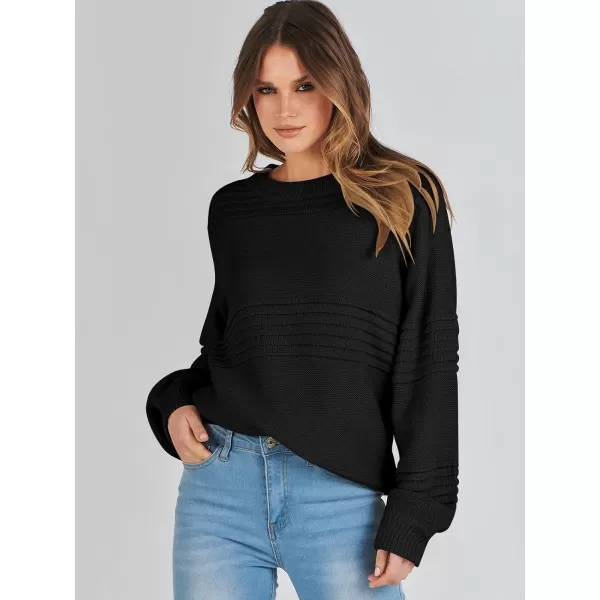 imageANRABESS Women Crew Neck Long Sleeve Sweater 2023 Fall Casual Cable Ribbed Knit Pullover Jumper TopsBlack