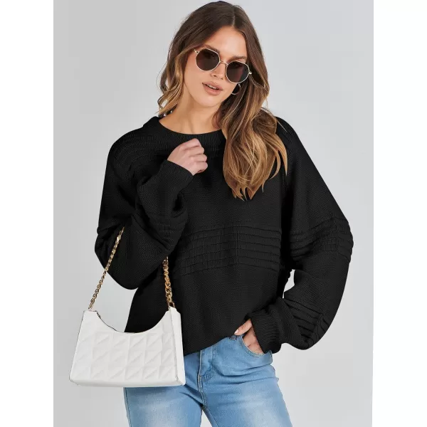 imageANRABESS Women Crew Neck Long Sleeve Sweater 2023 Fall Casual Cable Ribbed Knit Pullover Jumper TopsBlack