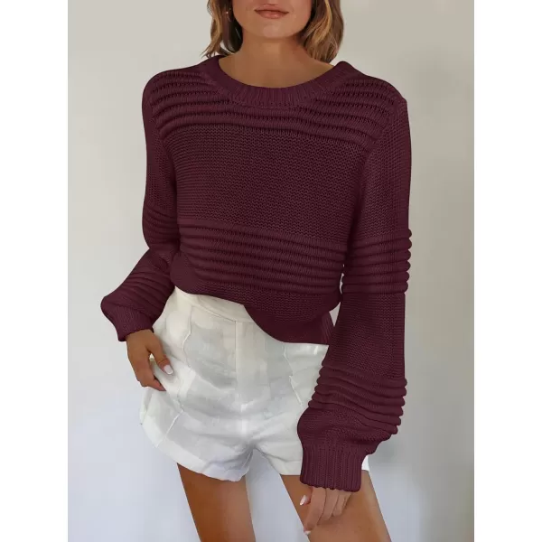 imageANRABESS Women Crew Neck Long Sleeve Sweater 2023 Fall Casual Cable Ribbed Knit Pullover Jumper TopsBurgundy
